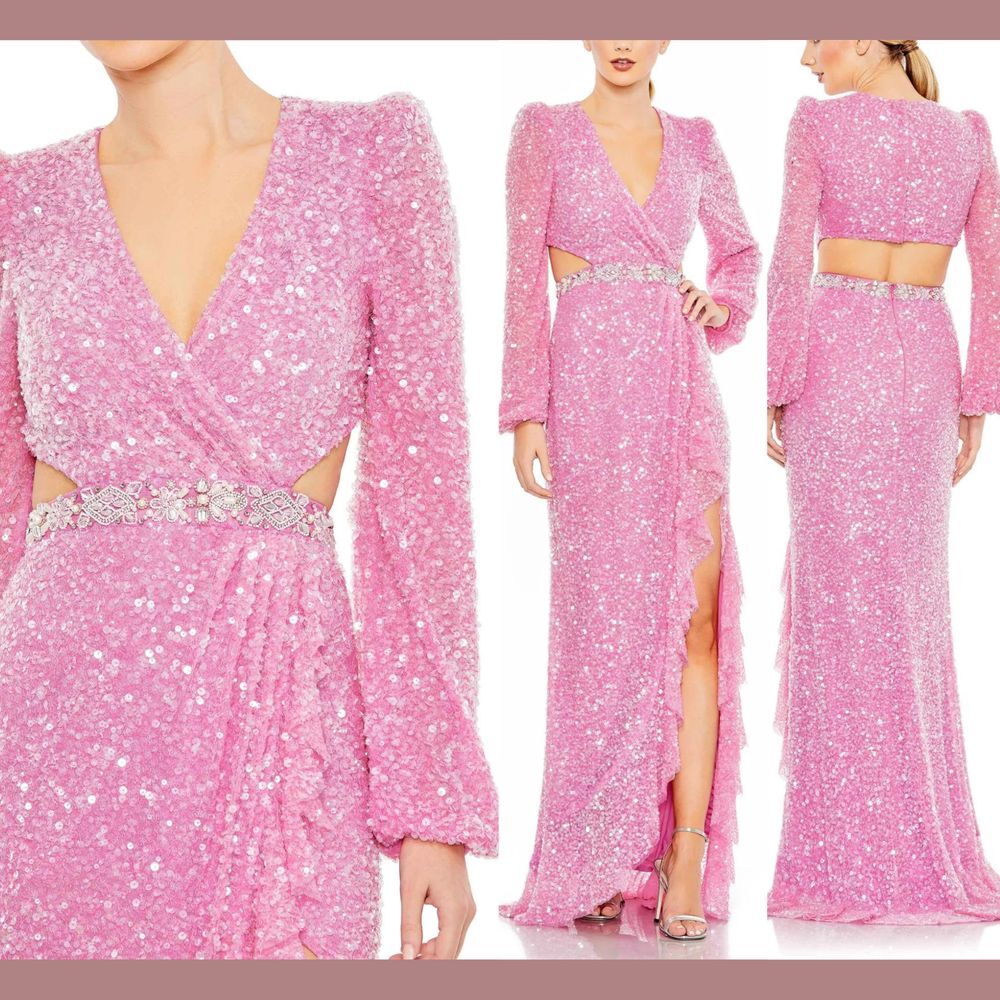 NWT$698 Mac Duggal [ 10 ] Sequined Faux Wrap Cut Out Puff Sleeve Gown Orchid J61